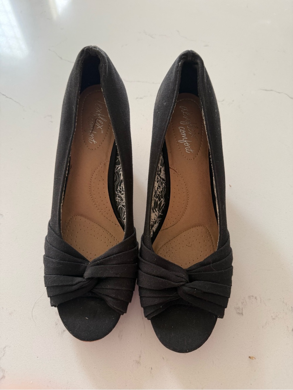 comfort plus by Predictions Black Knot Peep-Toe Wedge Heels